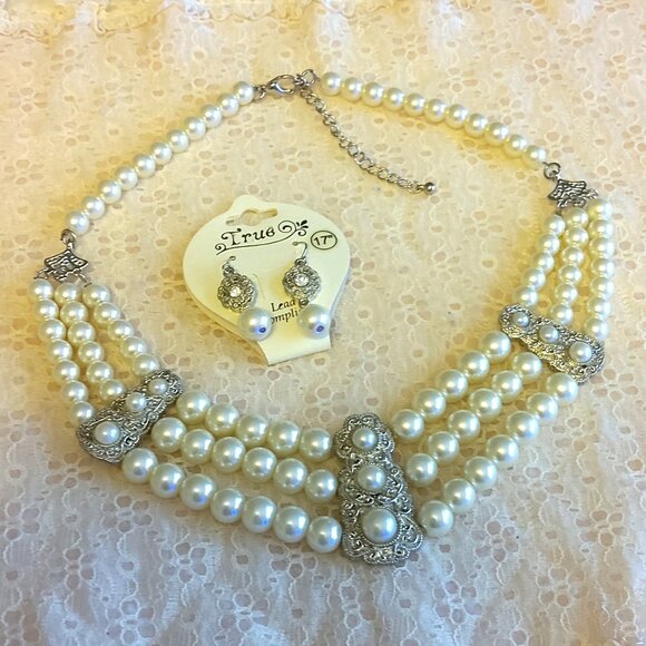 Vintage NEW True Pearl Silver Tone Floral Pendant Earrings VTG Pearl Necklace - Picture 2 of 8